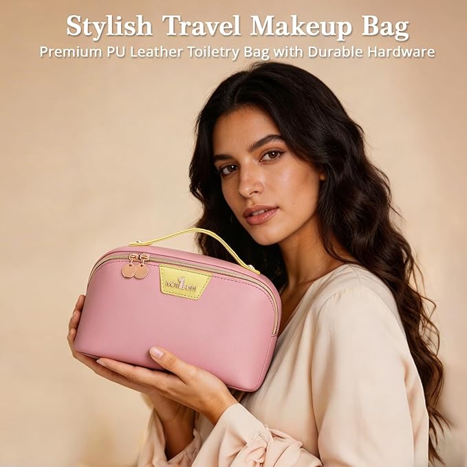 Travel Makeup Bag for Women: 3-in-1 Large Capacity Cosmetics Organizer with 2 Detachable Pouch - Vegan Leather Flat Open Toiletry Bag - Travel Essentials for Full-Sized Bottles(02-Pink)