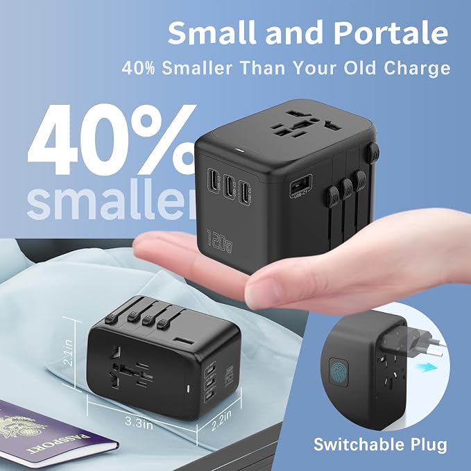 120W International Travel Adapter, 4USB-C & 1USB-A Worldwide Power Adapter, GaN Fast Charger with UK EU AU US Plugs, All-in-One International Converter for Tablets Phones