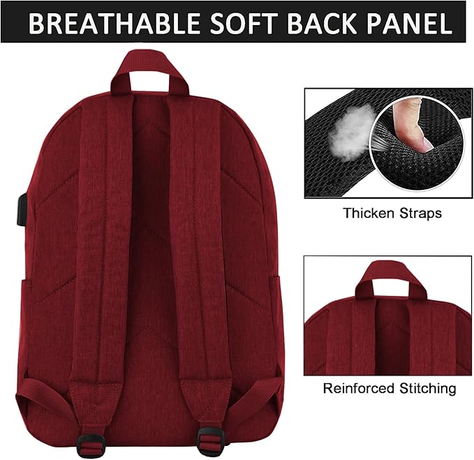 SUPACOOL Casual Laptop Backpack for Men and Women, Pencil Pouch, School Backpack with USB Charging Port, Bookbag for Boys and Girls(Garnet set)