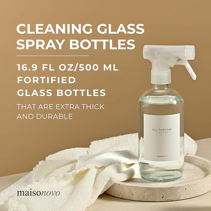 MaisoNovo Glass Spray Bottles 16 Oz Pack of 2 - Clear Spray Bottles for Cleaning Solutions with Fortified Glass & Fine Mist - Ideal for Cleaning, Disinfecting, Home, Office & Commercial Use - 16 Label