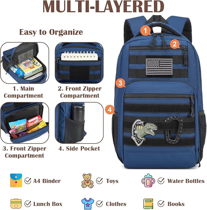 Kids Tactical Backpack Army Molle Bookbag Military Boys Backpack for School, Outdoor, Camping, Blue