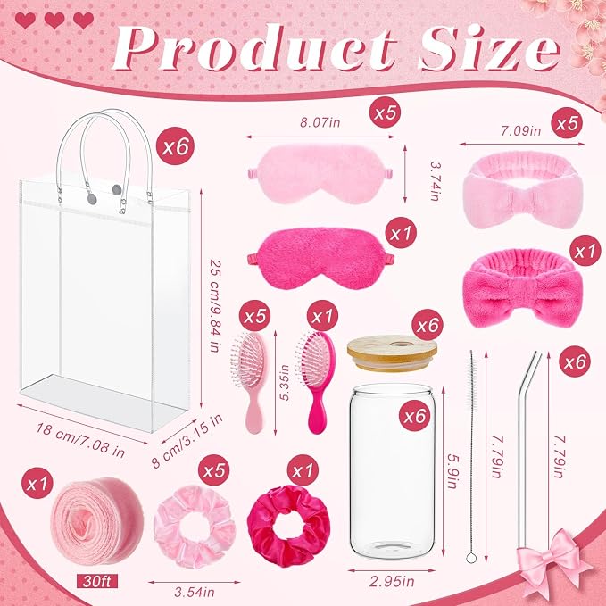 37 Pcs Party Supplies for Girls, 6 Kit Girls Birthday Gifts Including Glass Cups, Hairbands, Sleep Eye Mask, Headband, Brush, Tote Bags with Ribbon for Women Pink Spa Sleepover Party Favor