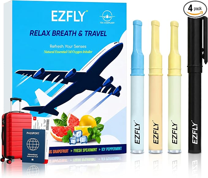 EZFly - Travel Essentials - TSA Accepted Flavored Air Puffer, Travel Accessories for Plane, Cruise, Bus and Train, Best Airplane Gadgets - Electric and Smoke Free (4 Pack)