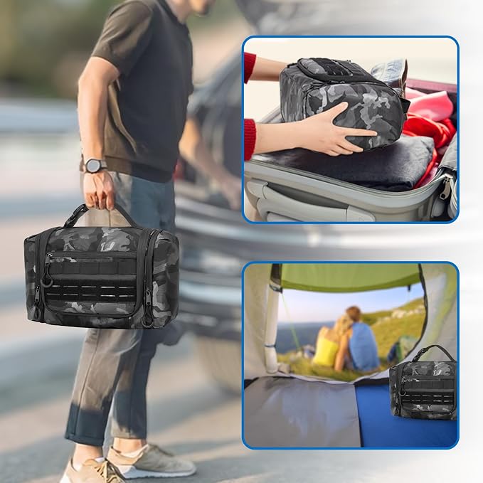 Hanging Toiletry Bag for Men, Tactical Dopp Kit Toiletry Travel Bag, Large Hygiene Organizer Shower Bag for Camping Outdoor, Black Camo