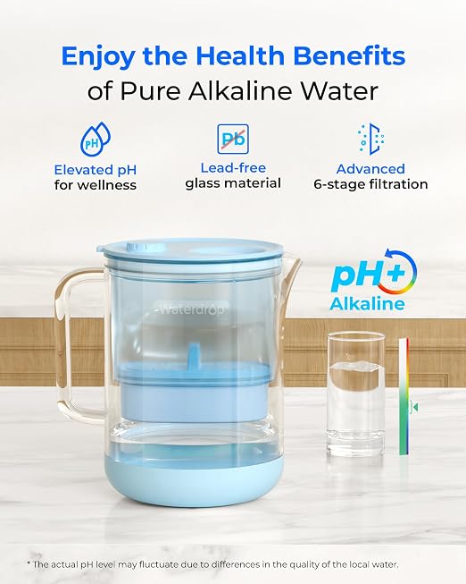 Waterdrop PT-72B-A Glass Alkaline Water Filter Pitcher, 7-Cup, Eco-Friendly, Enhances Alkaline Water, for Home & Office, Reduces Chlorine, Cadmium, Copper & Mercury, Blue