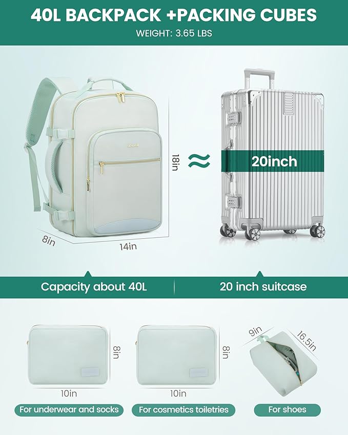 LOVEVOOK 40L Travel Backpack Flight Approved Carry on Backpack,3 Packing Cubes,Waterproof Personal Item Travel Bag,TSA Carry on Luggage Suitcase Travel Essentials,Gifts for Women & Men,fits 17" Laptop