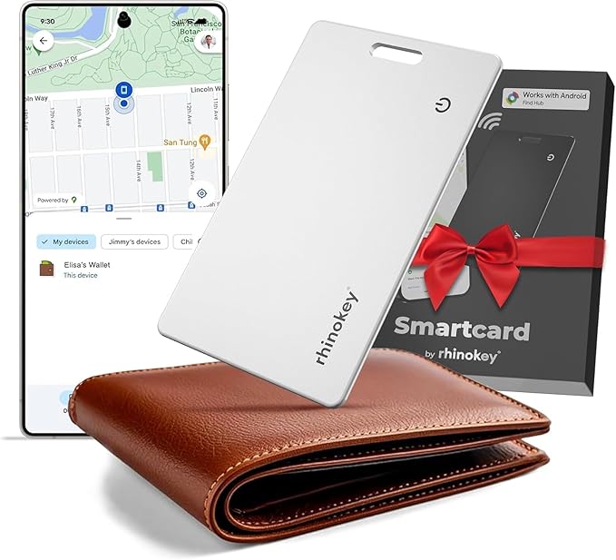 Rhinokey® Wallet Tracker Card (Android Only) 0.07in Slim Rechargeable Smart Tracking Card Works with Google's Find Hub IP68 Tag Item Finder with Key Chain Hole for Luggage (1 Pack - Android - White)