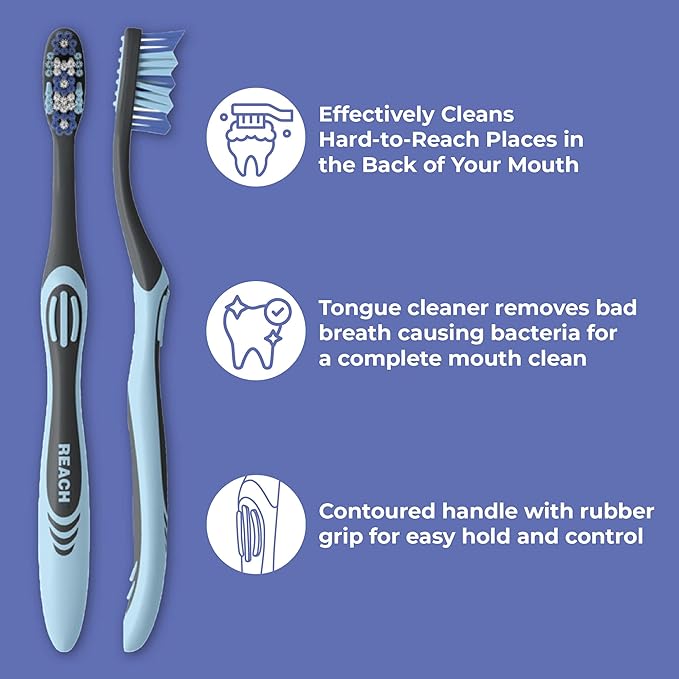 Reach Toothbrush, Soft Bristles, 6 Count | Multi-Zoned Angled | Contoured Handle | Tongue Scraper | Pack of 2