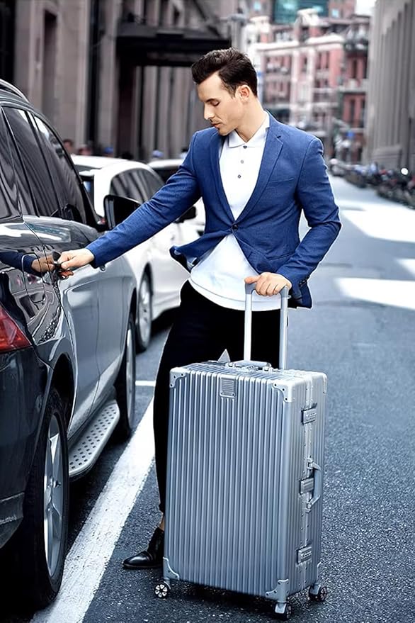 HotWay Checked In Luggage with Spinner Wheels, PC Hard Shell Zipperless Suitcase with Aluminum Frame and TSA Lock, Lightweight Suitcase for Business Travel, (Silver, 24 Inch)