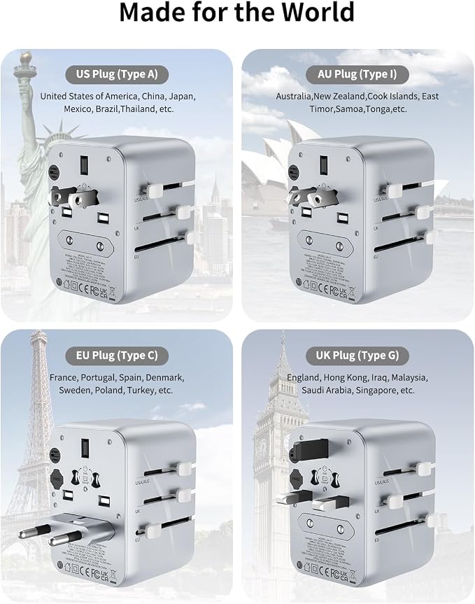 MOMAX Universal Travel Adapter, 20W+18W International Plug Adapter with 2 USB-A Quick Charging & 1 USB C PD Fast Charging,1 AC, All-in-one Wall Charger for USA EU UK AUS JP (Type C/A/G/I)
