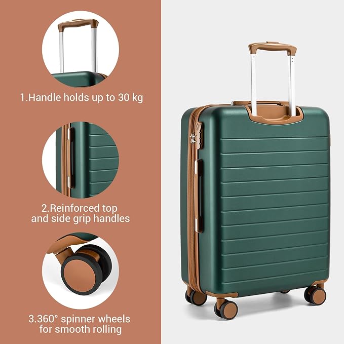 Kono 24 Inch Check In Suitcase Expandable Luggage, Business Travel Suitcase for 5-7 Days, Durable ABS+PC Hardshell with Side Handles & Kick Plates, Double Spinner Silent Wheels, Green