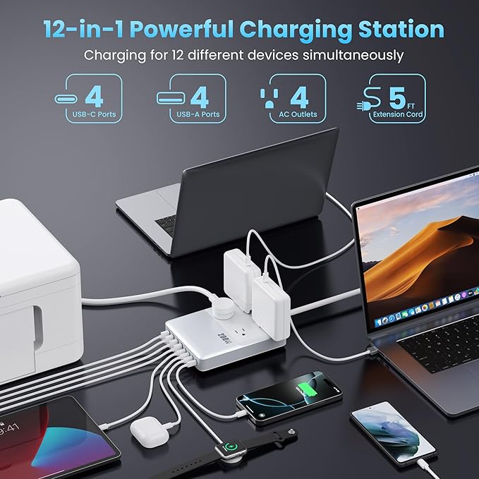 12-in-1 Charging Station USB C Power Strip with 5ft Cord,200W GaN IV USB C Charger Block,4 AC Outlets,8 USB for MacBook,iPhone 16/15/14,Fast Charging Desktop Charger for Office (Matte White)