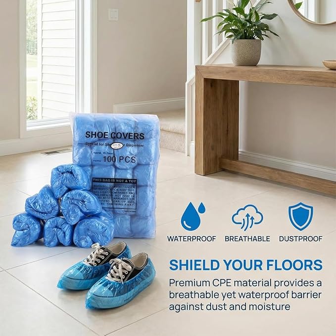 LYSHIYI 200 Pcs Disposable Shoe Covers for Shoe Cover Dispenser, Non-Slip T-Buckle Boot Covers, 15-20'' Adjustable Size for US Men’s Shoe Sizes 6-14