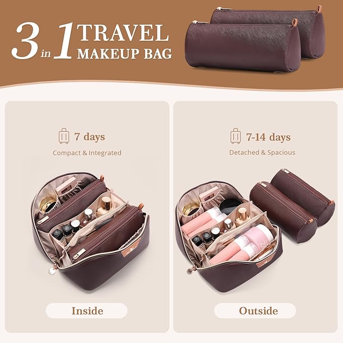 Travel Makeup Bag for Women: 3-in-1 Large Capacity Cosmetics Organizer with 2 Detachable Pouch - Vegan Leather Flat Open Toiletry Bag - Travel Essentials for Full-Sized Bottles(Coffee)