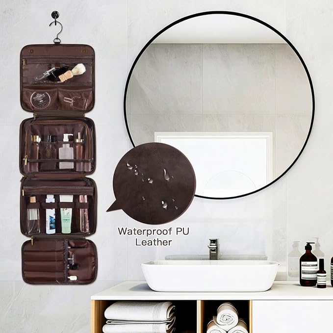 Personalized Gifts 3-in-1 Hanging Travel Toiletry Bag for Men, Laser-Engraved Initial Waterproof PU Leather Shaving Bag Valentines Easter Birthday Gifts for Men Dad Husband Son Dark Brown P
