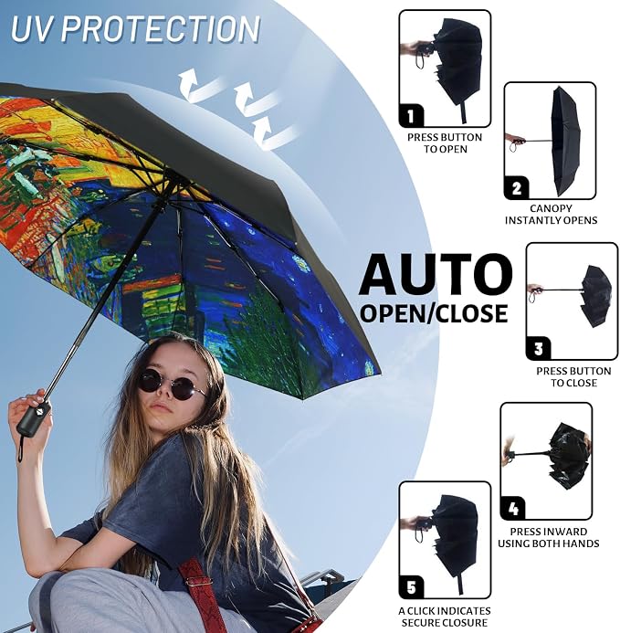 SY COMPACT Travel Umbrella - Windproof Automatic Compact Umbrella for Rain, Lightest 8-Rib, Small, Strong & Portable, Durable Grip, Fits Backpack & Car, Factory Direct (UV Available)