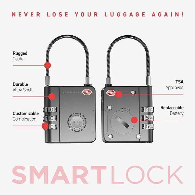 KeySmart SmartLock Tracking Luggage Locks, TSA Locks for Luggage, GPS Tracker, Combination Lock Compatible with Apple Find My App, Best Travel Essentials, Replaceable Non-Rechargeable Battery (3 Pack)