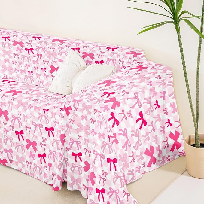 Pink Bow Couch Cover for Dogs,White Buffalo Plaid Washable Couch Covers Cute Dreamy Princess Bowknot Non Slip Sofa Cover,Kawaii Geometric Bow Tie Cushion Cover Dogs Sofa Slipcover for Pets,91"x134"