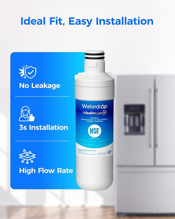 Waterdrop Alkaline LT1000PC ADQ747935 Replacement for LG® LT1000P®/PC/PCS ThinQ® Refrigerator Water Filter, LFXS26973S, LMXS28626S, LMWS27626S, LFXS28596S, LFXS26596S, Enhance PH, 2 Filters