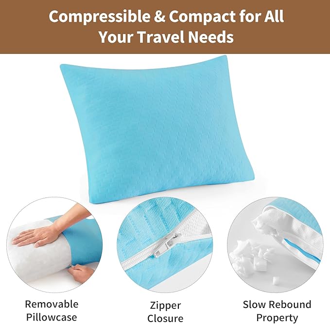 Small Shredded Memory Foam Pillow, Camping Pillow Travel Pillow - Compressible Medium Firm, Breathable Cover, Ideal Backpacking Hiking, Airplane and Car (Sky Blue, L)