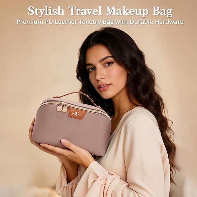 Travel Makeup Bag for Women: 3-in-1 Large Capacity Cosmetics Organizer with 2 Detachable Pouch - Vegan Leather Flat Open Toiletry Bag - Portable Travel Essentials for Full-Sized Bottles(Grey)