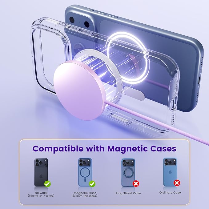 25W Magnetic Wireless Charger: Fast Charging Pad for iPhone 17 16 15 14 13 12 Pro Max, Samsung Galaxy S26 S25, Google Pixel 10, AirPods-Slim Portable for Travel Bedside Office-Light Violet 2 Pack