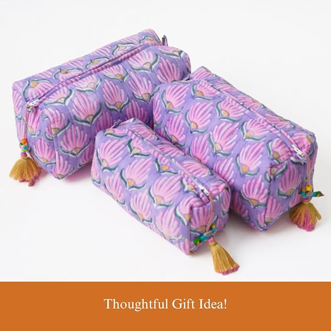 Saffron Marigold Quilted Makeup Bag Set of 3, Hand Block Printed Cotton Cosmetic Bags for Women, Waterproof Lined Travel Toiletry Bag, Coquette Floral Aesthetic, Handmade Gift, Lilac Flame