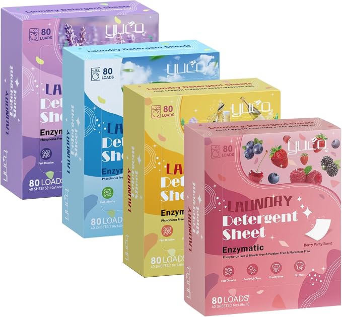YUCO Laundry Detergent Sheets Pack of 4, Berry + Champagne + Fresh + Lavender, Total 320 Loads, Total 4 Packs