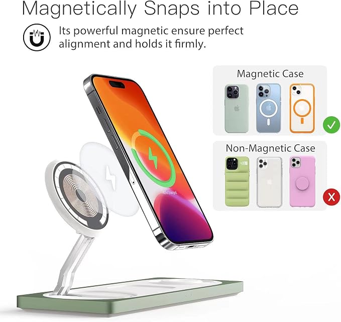 PETINO 3 in 1 Wireless Charging Station for Apple Devices with MagSafe | For iPhone 17/Air/16/15/14/13/12, AirPods & Apple Watch, Foldable Portable Aluminum Charging Stand, Adapter Included