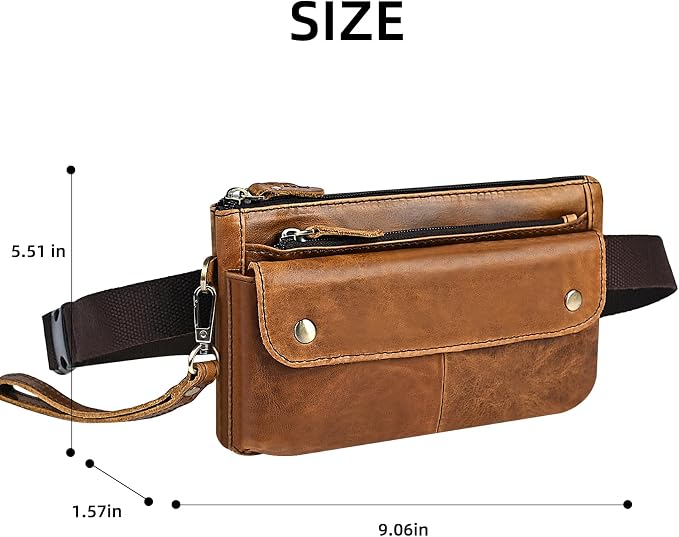 Water Resistant Canvas + Leather Hiking Riding Travel Fanny Waist Pack Small Phone Pouch For Men Women FB811-29 (100% Leather-The 8136 Brown2)