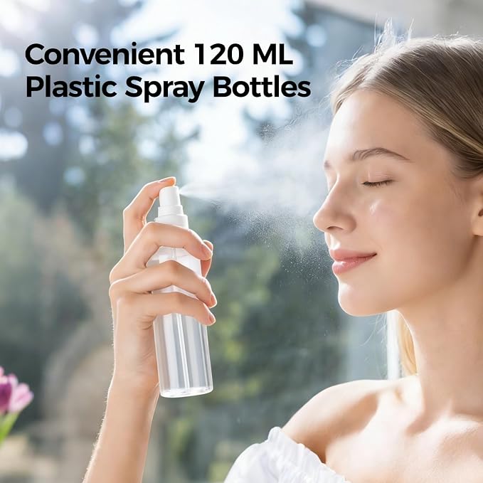 OMISTAR 48 Pcs 4 oz Plastic Spray Bottles - 120 ML Travel Size, Fine Mist Sprayers, Ideal for Perfumes, Cosmetics, Cleaning Solutions, and More, WhiteClear