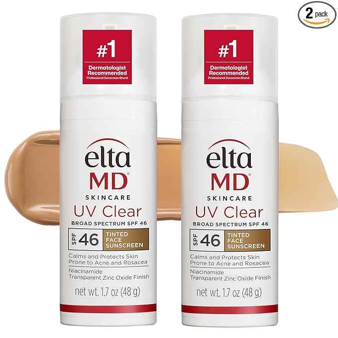 EltaMD UV Clear Tinted Sunscreen for Face, SPF 46 with Zinc Oxide, Oil-Free, Dermatologist Recommended, For Acne-Prone Sensitive Skin, 1.7 oz (Pack of 2)