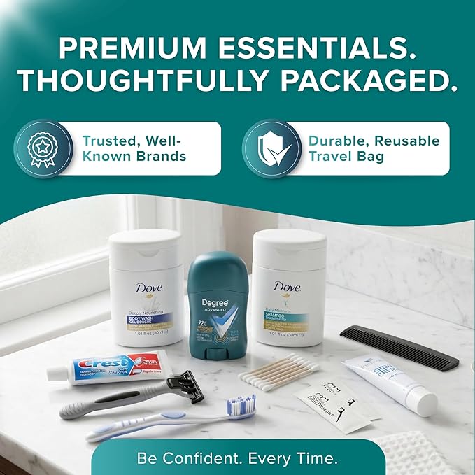 TrekTote 12 Piece Men’s Travel Toiletry Kit TSA Approved Travel Size Toiletries Set Hygiene Kit with Toothbrush Toothpaste Deodorant Razor Shampoo Conditioner