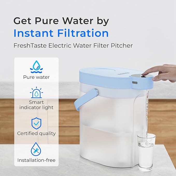 Waterdrop ED06B Electric Water Filter Pitcher, FreshTaste Rechargeable Dispenser, 17-Cup Instant Countertop Purifier, Reduce Chlorine, Lead, Copper, Purify, Soften Water, Does not Lower TDS, Blue