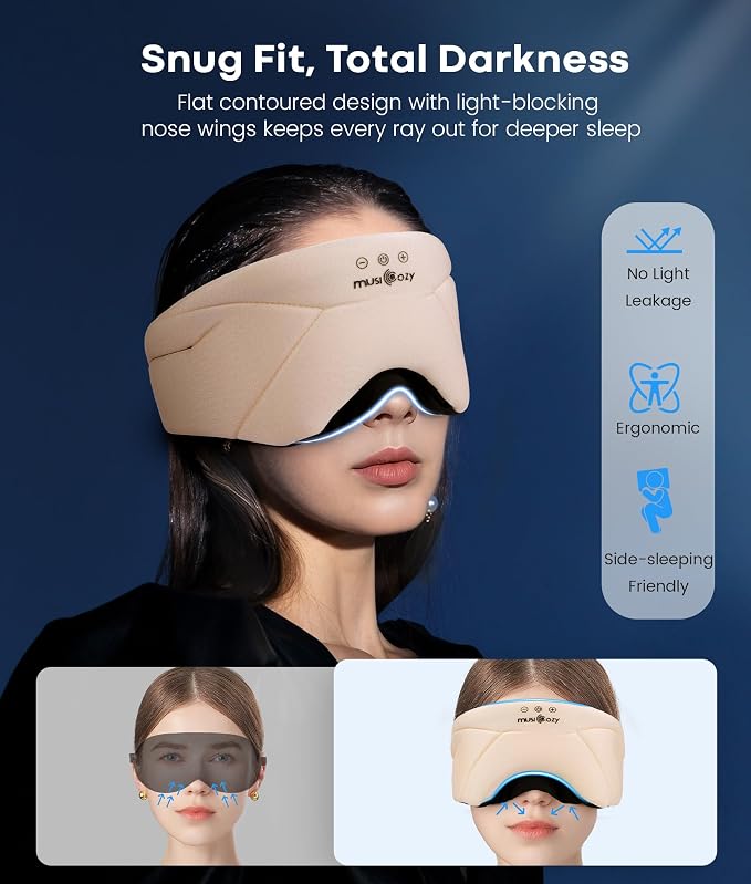 MUSICOZY Bluetooth Sleep Mask Headphones 5.4, Wireless Over-Ear Headphones Washable Zipper Sleep Headphones Mask with HD Stereo Speakers for Side Sleepers Travel & Relaxation, Gifts for Men Women