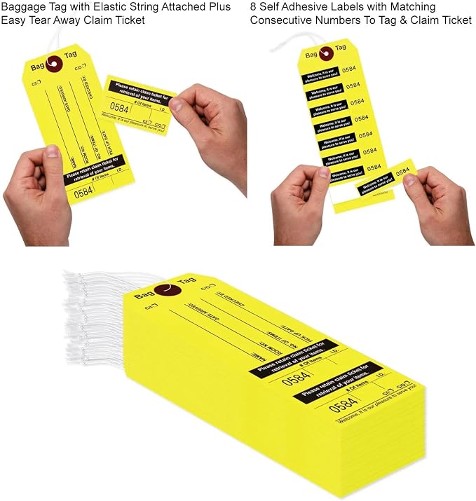 1000 Yellow Bag Claim Check Tags with Elastic String, Printed in Black Ink with 8 Labels & Matching Numbers for Multiple Bags. Hotel Bag Tags for Organizing Luggage. Size: 6 3/4" (H) x2 1/2" (W).