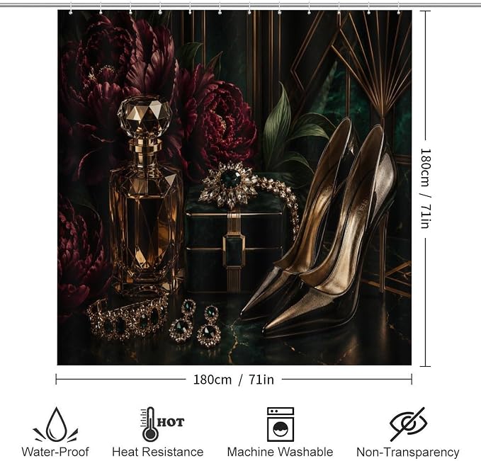 Luxury Perfume Jewelry and Heels Bathroom Rug Set 4 Piece with Shower Curtain Non Slip Bath Mat Set Microfiber Bathroom Decor Toilet Lid Cover U Shape Rug Waterproof Bathroom Accessories