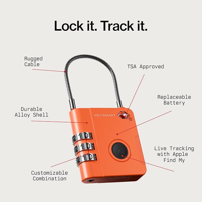 KeySmart SmartLock Tracking Luggage Locks, TSA Locks for Luggage, Combination Lock Compatible with Apple Find My App, Best Travel Essentials, Replaceable Non-Rechargeable Battery (Orange 3 Pack)