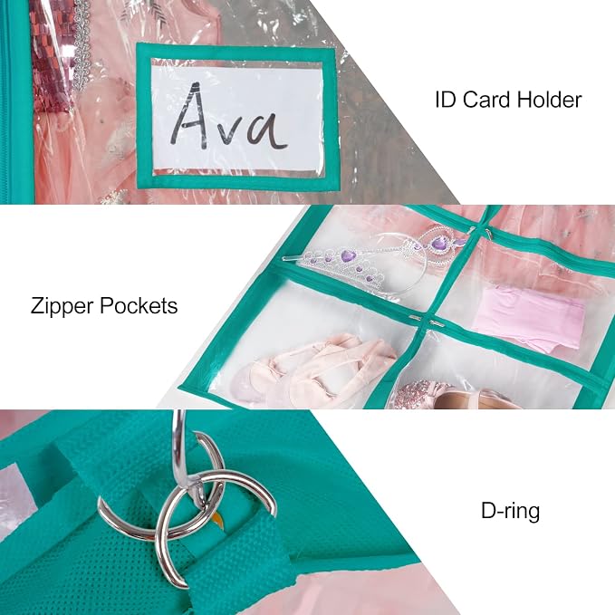 Univivi Clear Blue-Green PVC Dance Costume Garment Bag 40 Inch For Dance Competitions With 4 Medium Zipper Pockets And 1 Large Back Zippered Pocket (12 Pack, Clear Blue-Green)