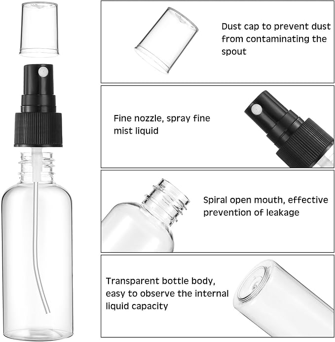 Roshtia 100 Pcs 2 oz Plastic Mini Spray Bottles with Black and White Cap Clear Empty Fine Mist Spray Bottles Refillable Liquid Container for Essential Oils Perfumes Travel Makeup