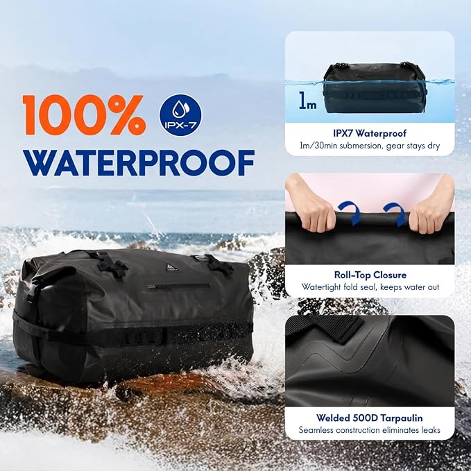 Haimont IPX7 Waterproof Roll-Top Dry Duffel Backpack | 60L/90L Sizes, 500D Tarpaulin, Welded Seams, Mesh Pockets, Boating & Kayaking