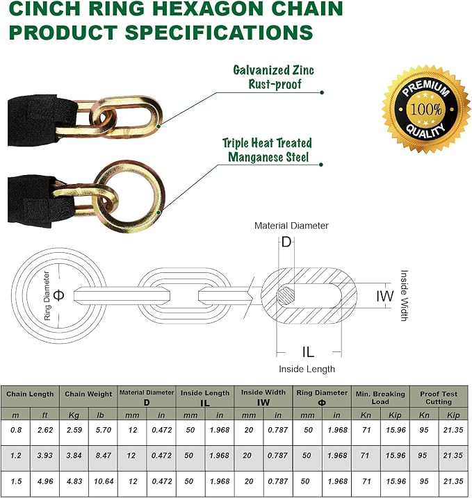 OKG Maximum Heavy Duty Security Chain 2.6 ft x 1/2 in Thick, Hardened Alloy Steel Lock Chain, Cut Proof Chain Ideal for Motorcycles, E-Cargo Bike, and Garage Security, Ultra Protection (No Lock)