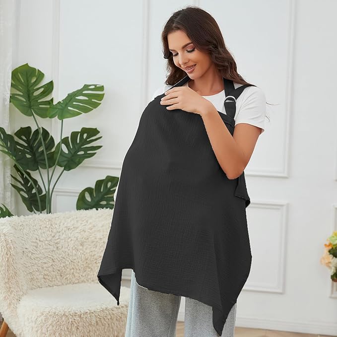 Muslin Nursing Cover for Baby Breastfeeding, Breathable 100% Cotton Breastfeeding Cover with Rigid Hoop for Mother Nursing Apron (Black)
