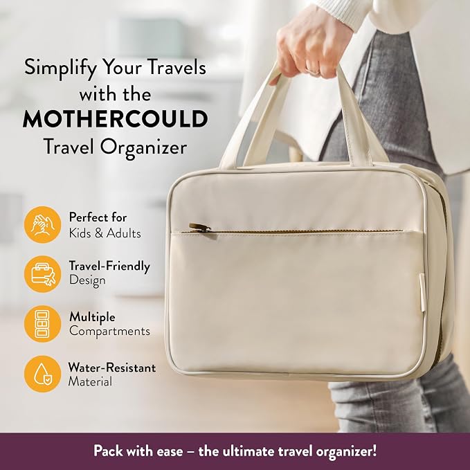 Kids Travel Organizer – Multi-Compartment, Water-Resistant Hanging Bag for Toys, Snacks, & Activities - Compact, Lightweight Design with Hook & Carry Handle - Perfect for Travel Use (Beige, Large)
