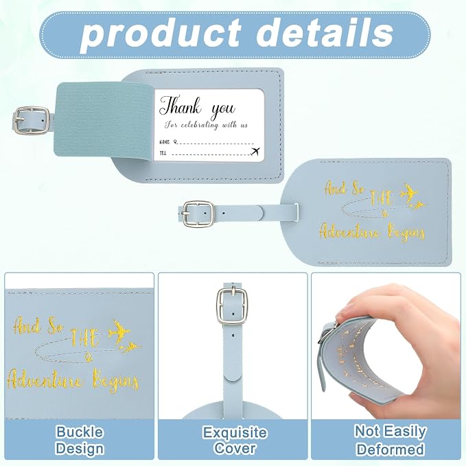 Sweetude 48 Sets Bulk Luggage Tags Wedding Favors and So The Adventure Begins Leather Luggage Tags for Suitcases with Name Card for Travel Themed Bridal Shower Graduation Party Favor(Haze Blue)