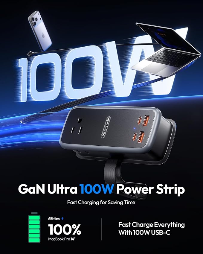 NTONPOWER 100W GAN Ultra Travel Power Strip, 7-in-1 USB C Charging Station with 3 Outlets 4 USB (2 Fast Charge)& 5FT Extension Cord, Compact Desktop Charger for MacBook, iPhone, Cruise, Office, Black