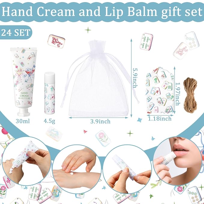 24 Sets Mahjong Themed Hand Cream and Lip Balm Mah Jong Themed Gift Mahjong Party Favors for Guests Travel Size Hand Lotion Lip Balm Game Night Family Play Day Theme Birthday Baby Bridal Shower Favors