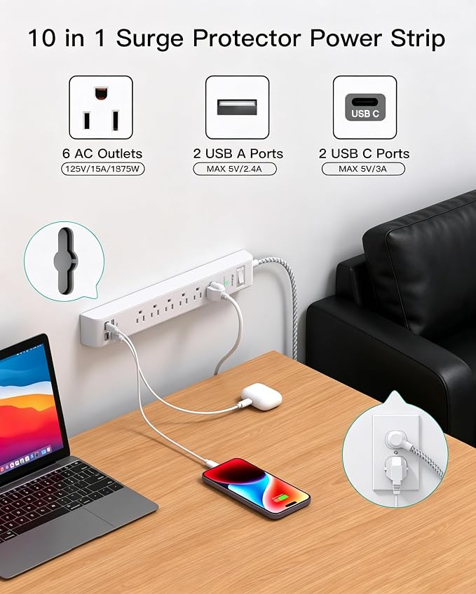 2 Pack Power Strip 15FT, Surge Protector with 6 Outlets and 4 USB Ports (2 USB C), Flat Plug Overload Protection, Extension Cord with Multiple Outlets, Wall Mount for Home Dorm College