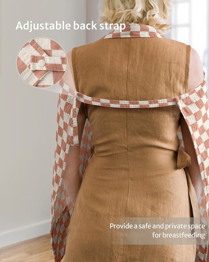 Blissful Diary Muslin Nursing Cover for Breastfeeding, Breathable Breastfeeding Cover up with Arch Neckline for Women, Nursing Apron (Brown Checkboard)