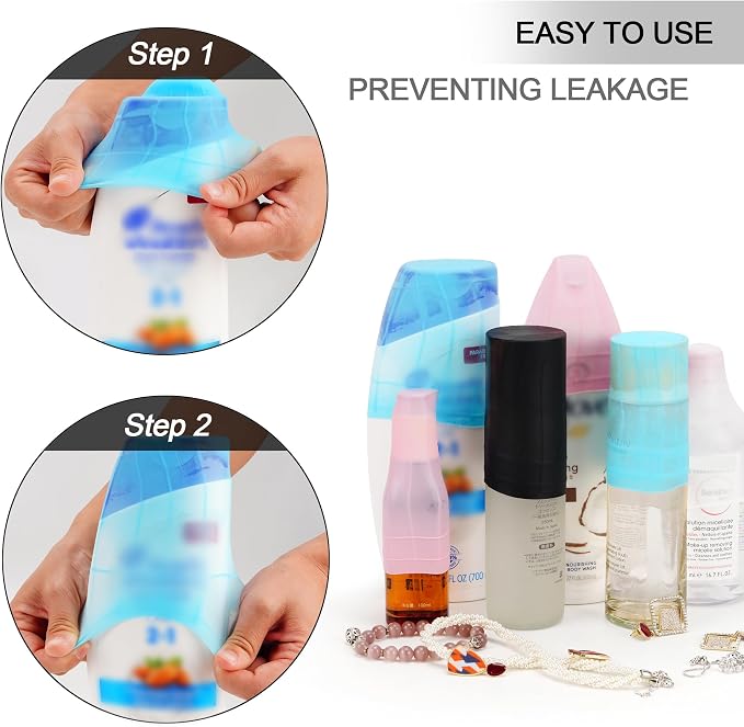 COOSKY Travel Hanging Toiletry Bag for Women, Large Makeup Bag 8 Leak Proofing Silicone Bottle Covers, Waterproof Cosmetic Bag with Jewelry Organizer Compartment, Toiletries Kit Set, Blue